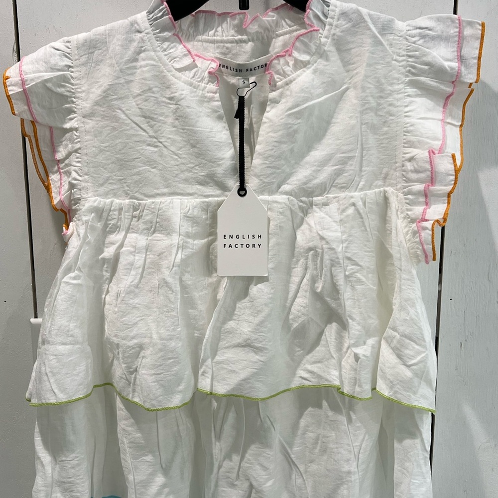 English Factory White Flutter Sleeve Blouse with Ruffled Tiers
